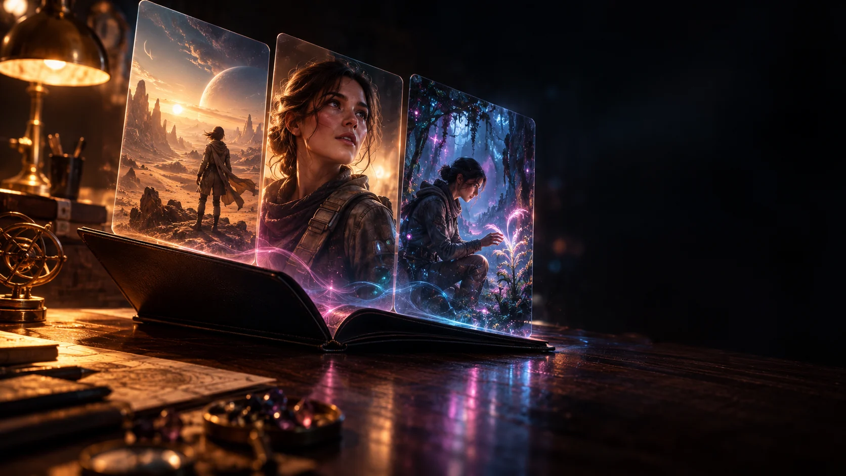 A story folio unfolding into characters and worlds