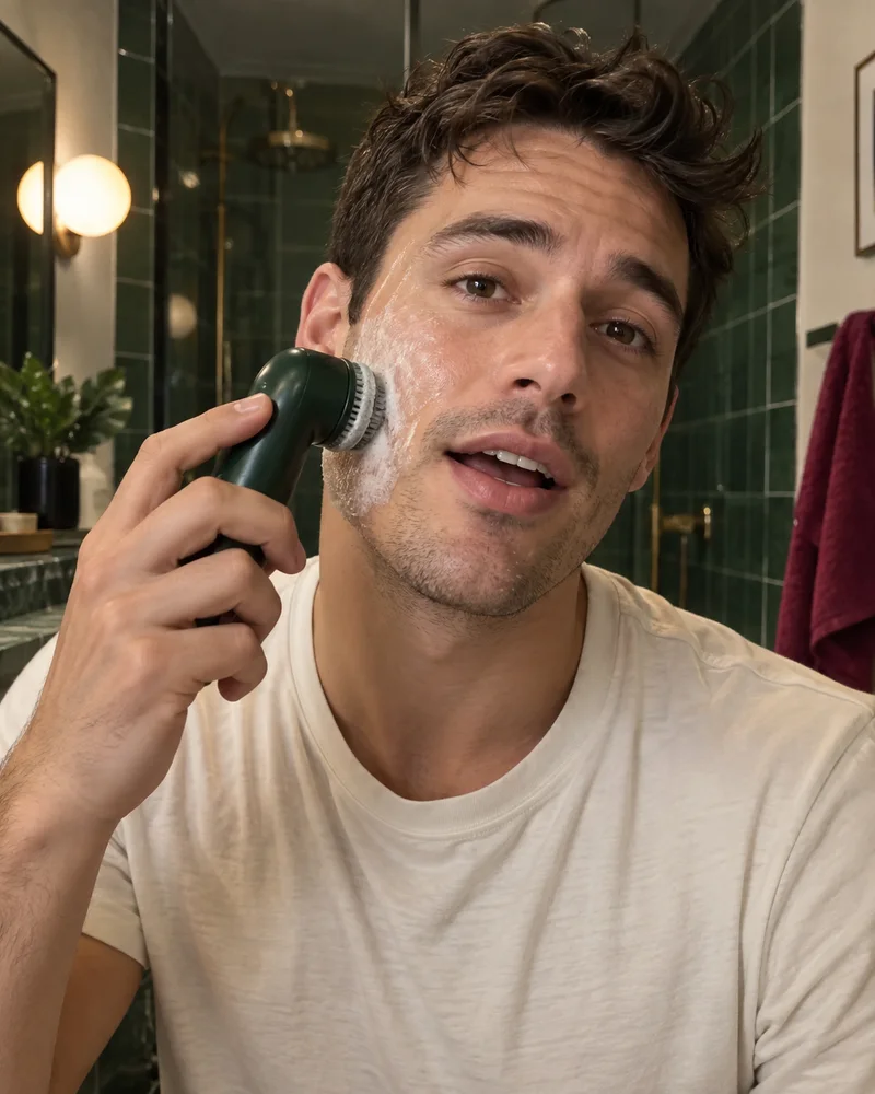 A beauty creator demonstrating a facial cleansing brush.