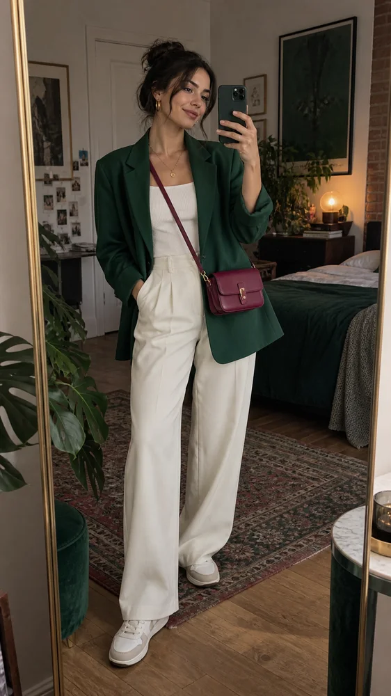 A creator recording an emerald outfit try-on in a mirror.
