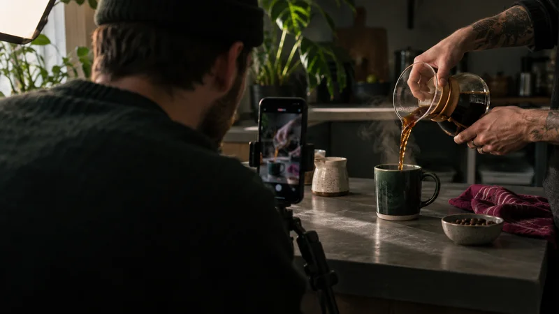 A creator filming a coffee pour with a phone on a tripod.