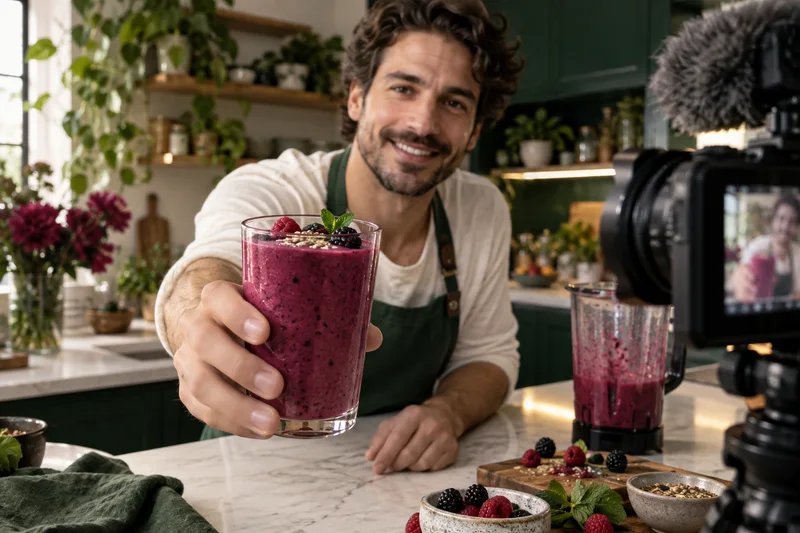 A food creator presenting a berry smoothie in his kitchen.