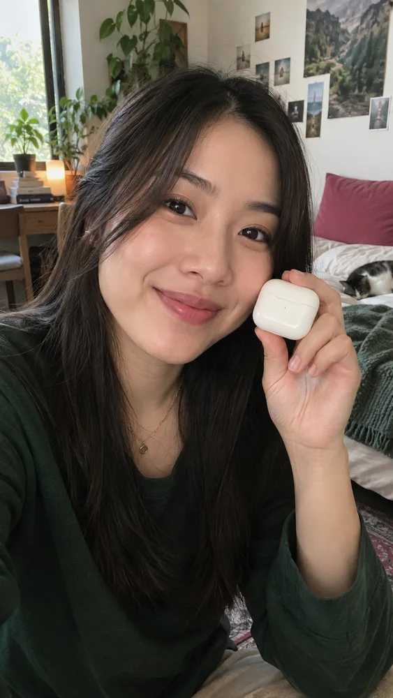 A creator reviewing wireless earbuds directly to camera.