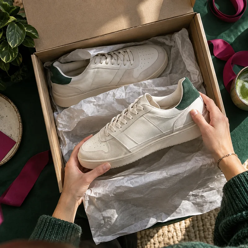 Hands unboxing ivory sneakers on a green tabletop.