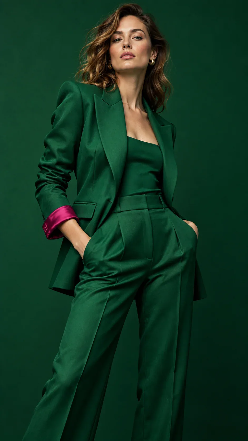 An editorial fashion model in a sculptural emerald suit.