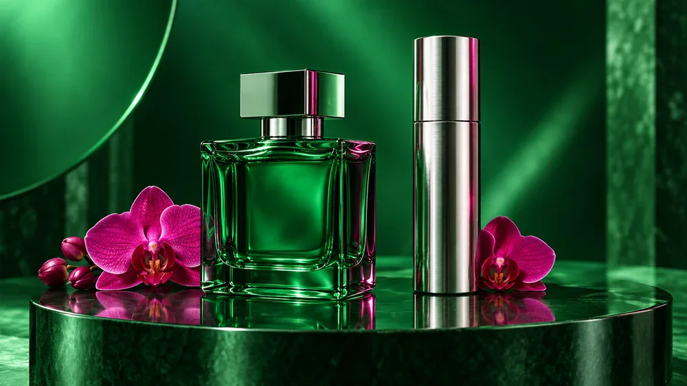 An emerald perfume bottle, silver cosmetics and magenta orchids.