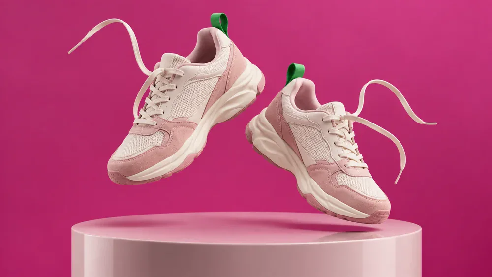 Ivory sneakers with flowing laces on a magenta studio backdrop.