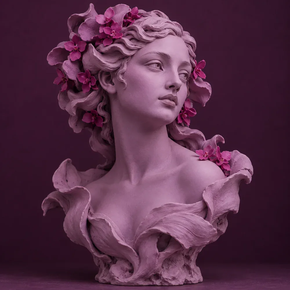 An expressive orchid clay bust with petal-like sculpted hair.