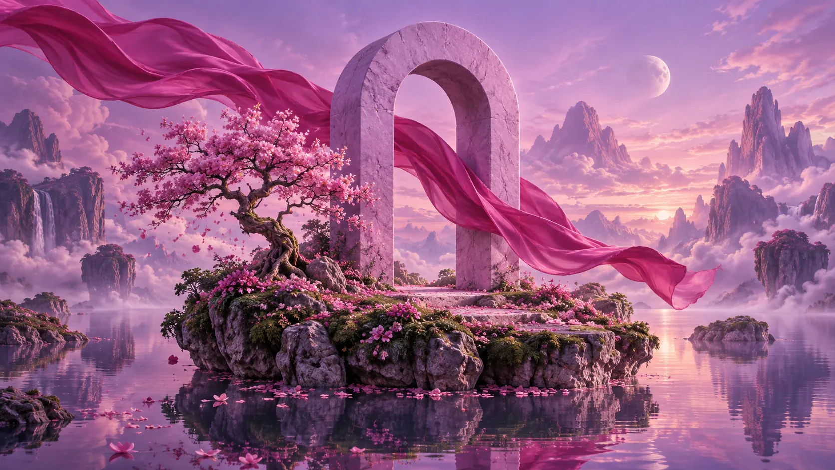 An orchid stone arch, magenta silk and flowering tree above a reflective lake.