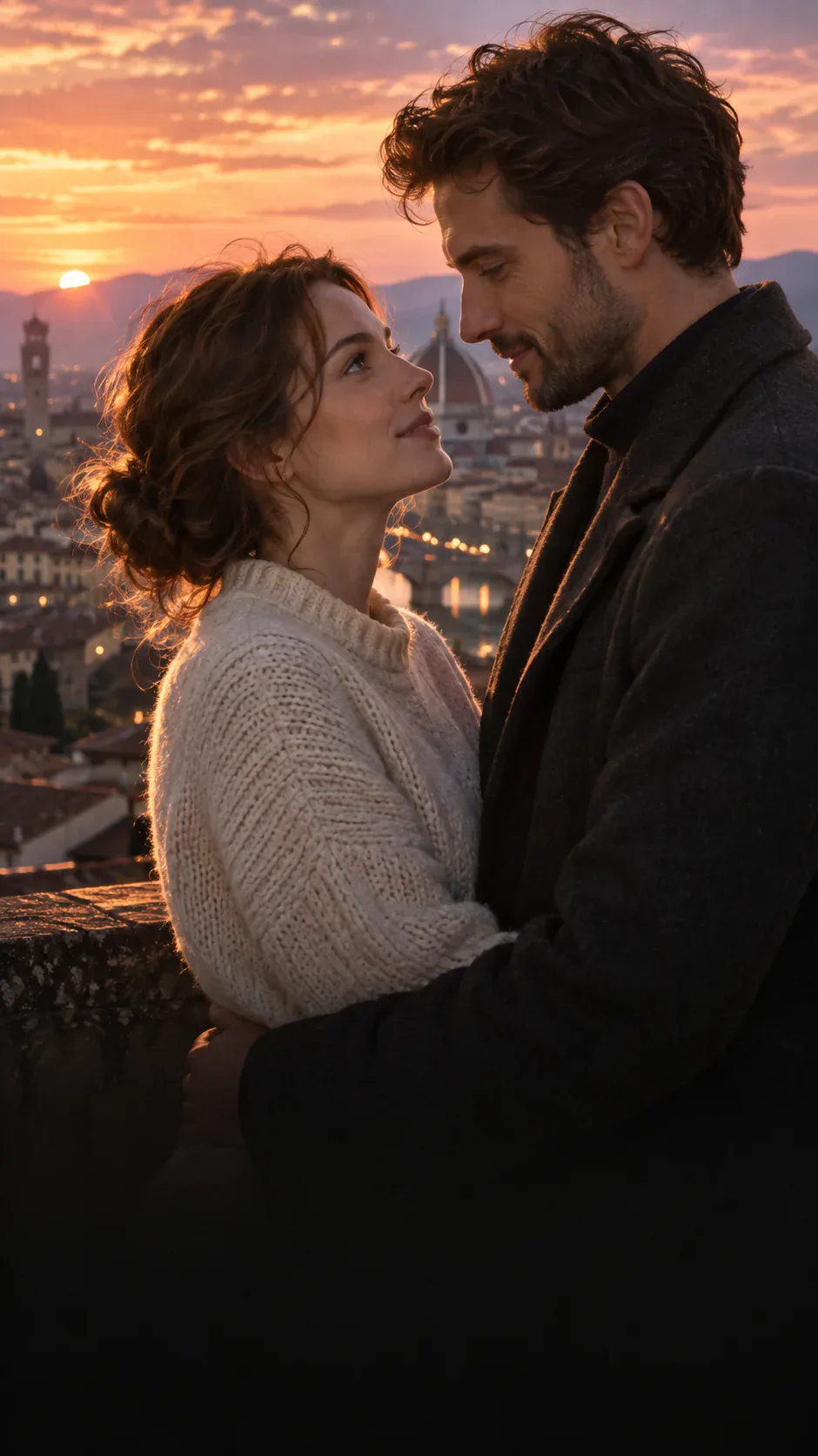 Two adults share a quiet moment on a rooftop beneath an amber and magenta sunset.