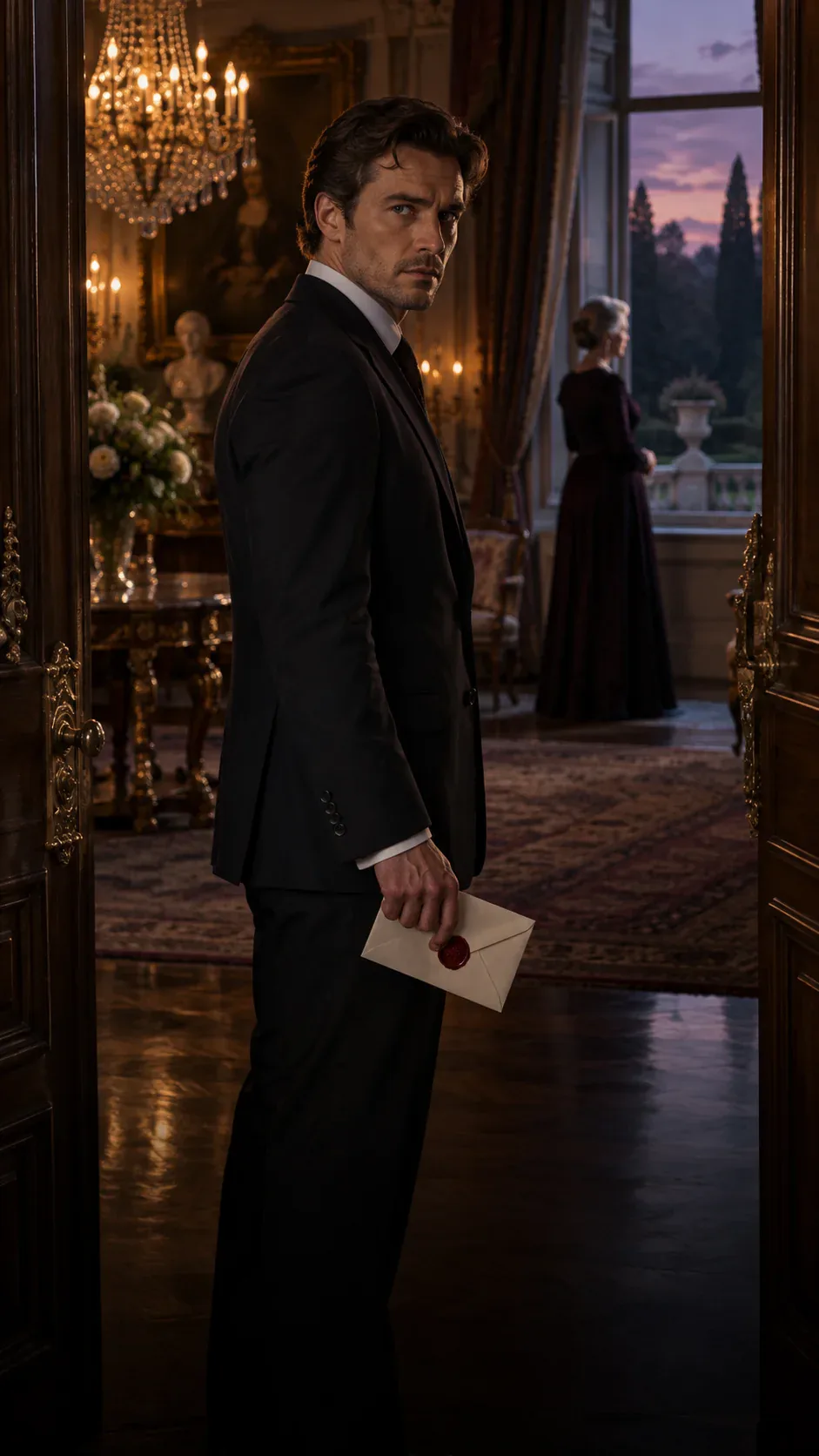 A man holds an ivory envelope in a warmly lit manor doorway.