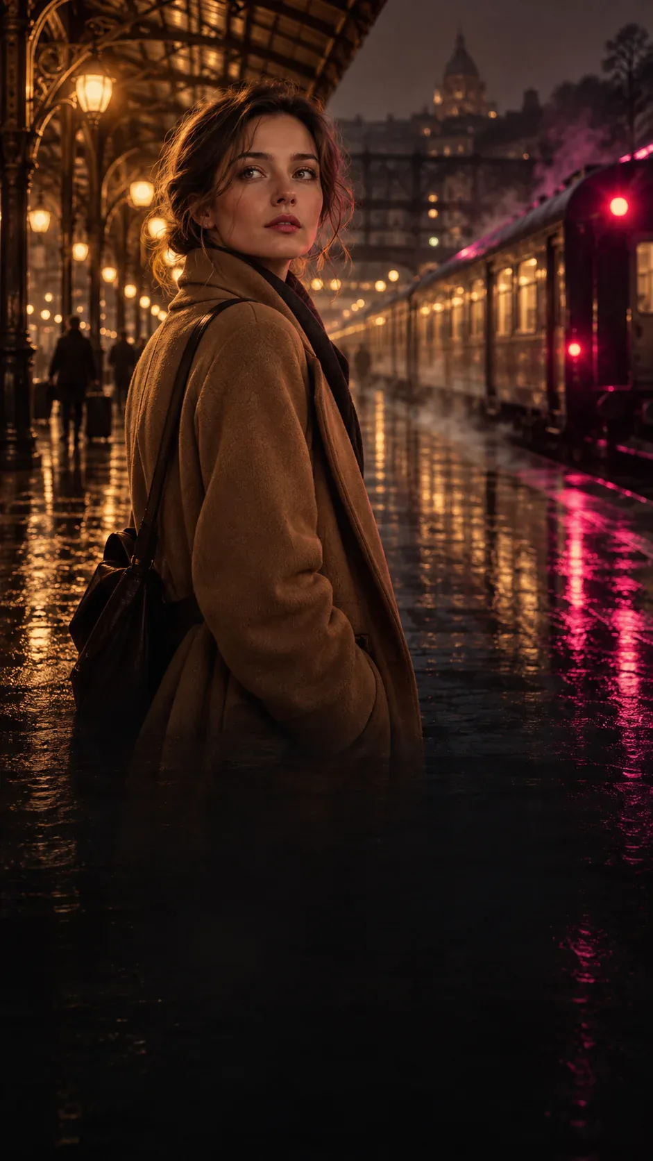 A woman in a camel coat waits beneath amber railway station lights.