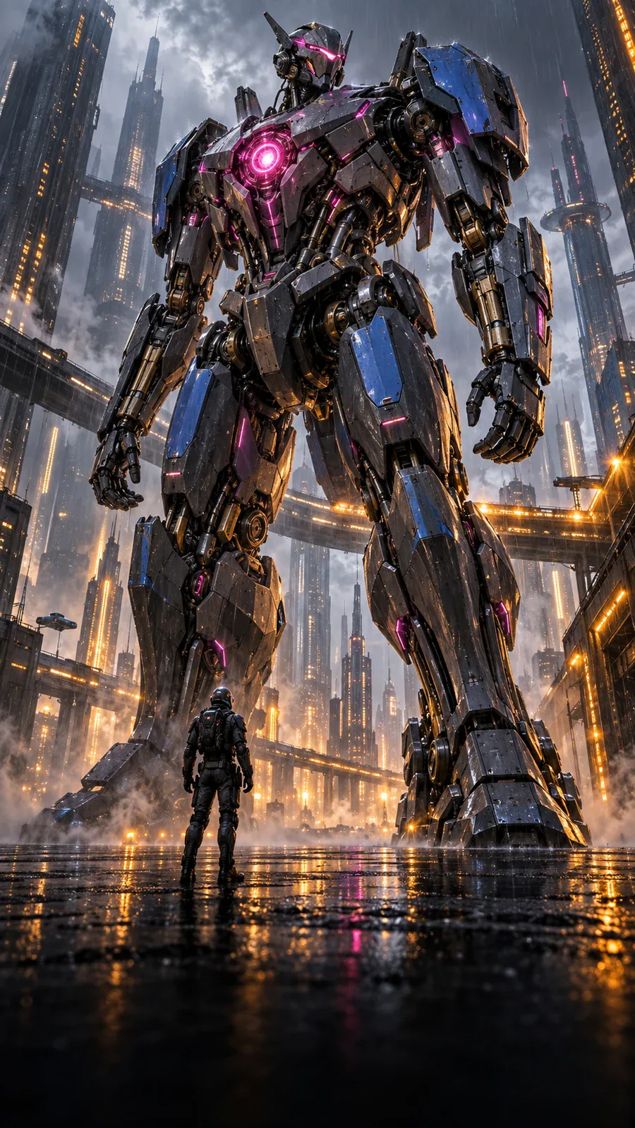A towering armored mech and a lone pilot stand in a rainy neon city.