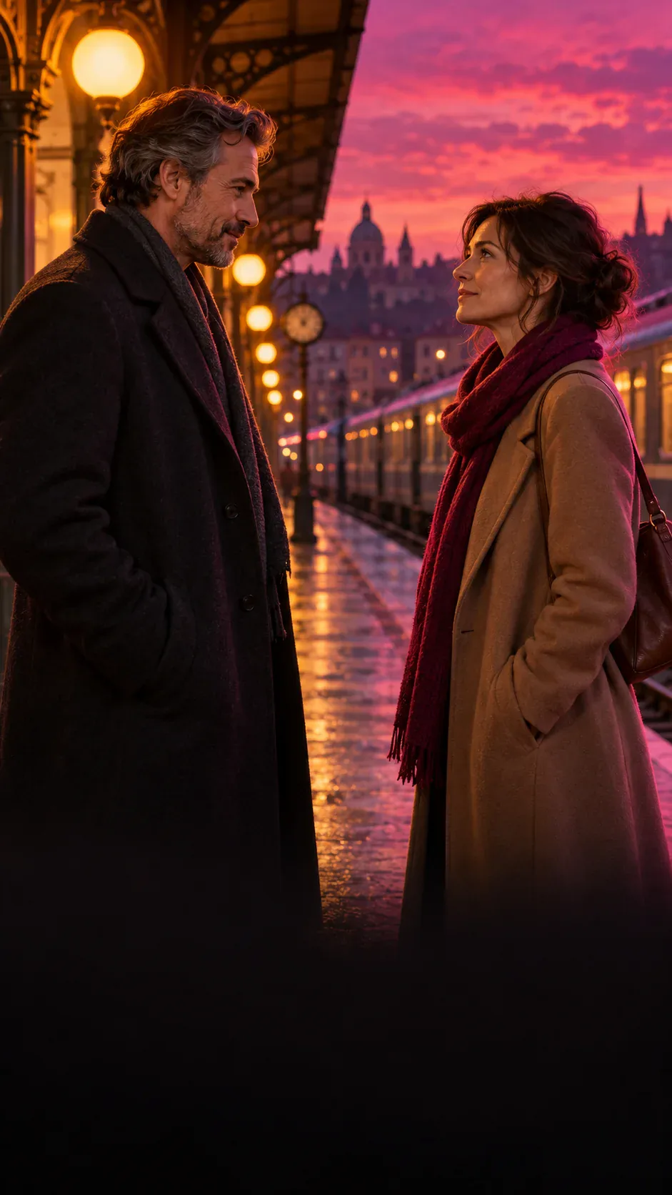 Two fully clothed adults meet in a warm old European hotel.