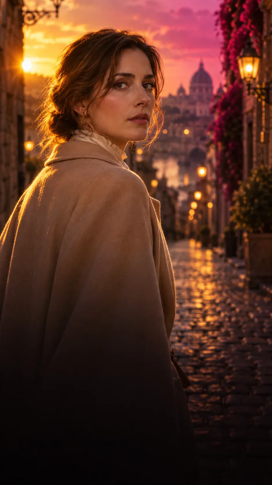 A woman looks back beneath amber evening light.