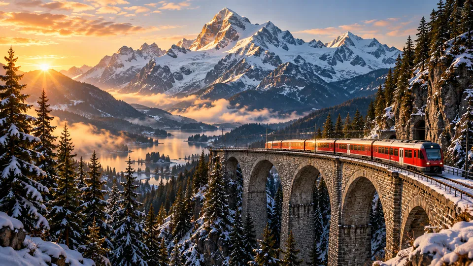 A red alpine train crossing a viaduct beneath snow-covered mountains.