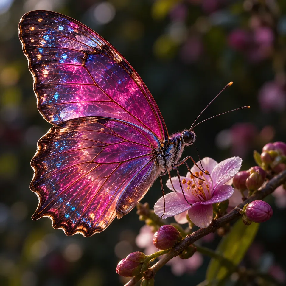 An iridescent butterfly with orchid and sapphire wings.
