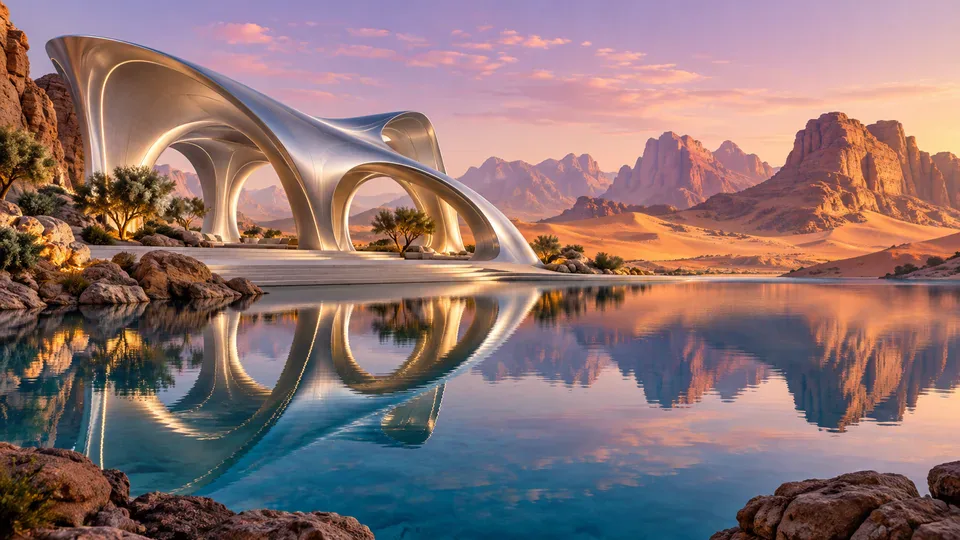A sculptural silver pavilion beside a desert lake.
