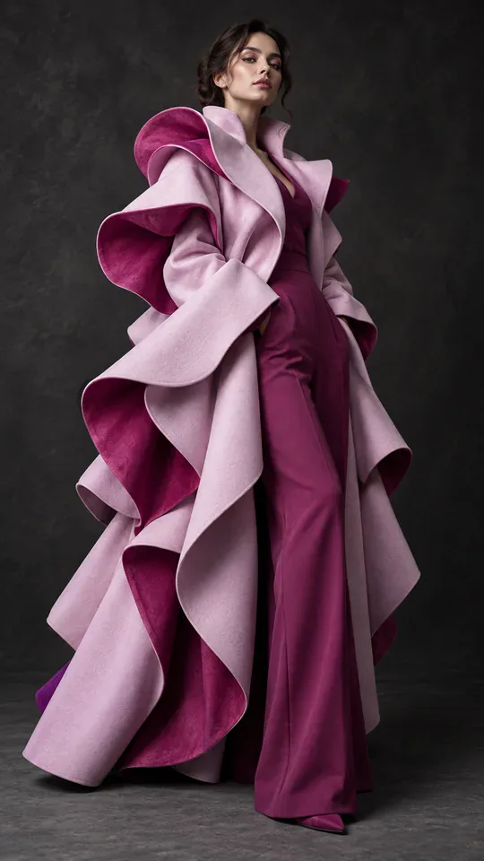 An editorial model wearing a sculptural orchid coat.