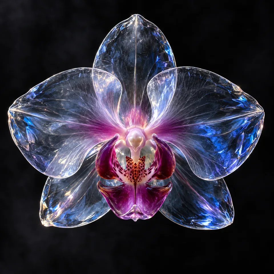 A translucent glass orchid with a magenta center.