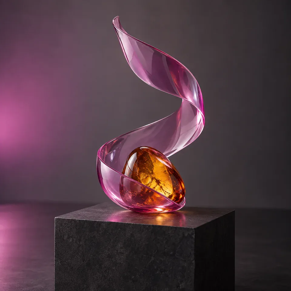 An orchid glass ribbon around a polished amber stone.