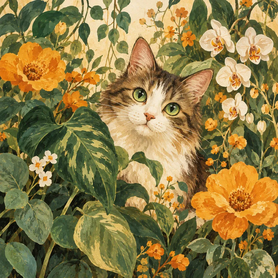 A hand-painted cat among amber flowers and green leaves.