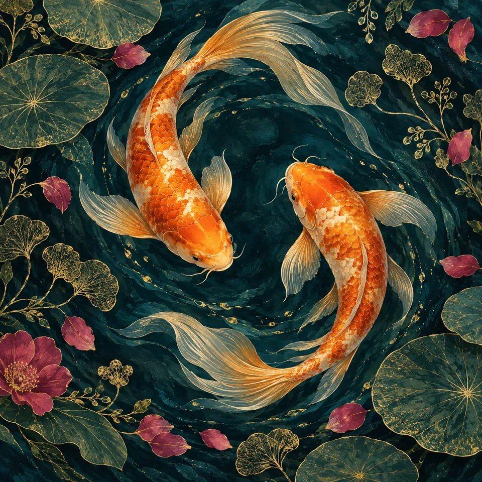 Two amber koi fish in a midnight botanical illustration.