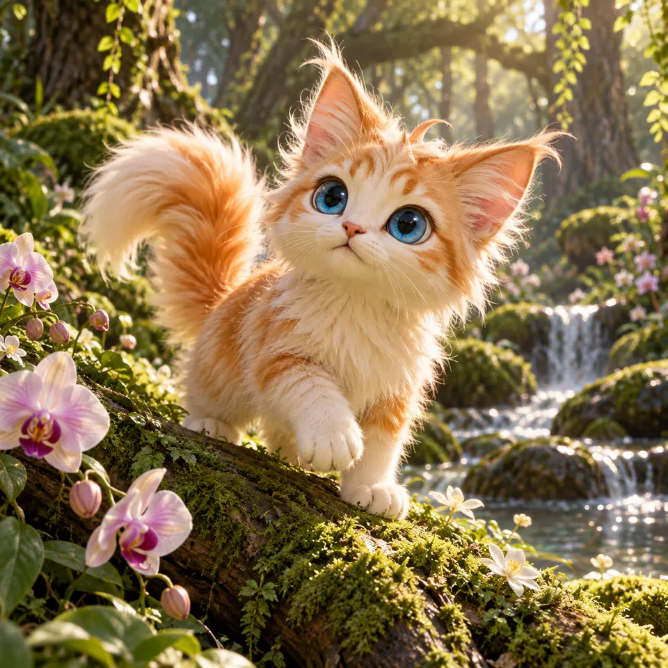 A fluffy animated kitten-like creature in a mossy forest.
