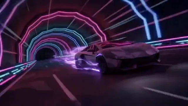 A neon supercar moving through a blue-violet tunnel.