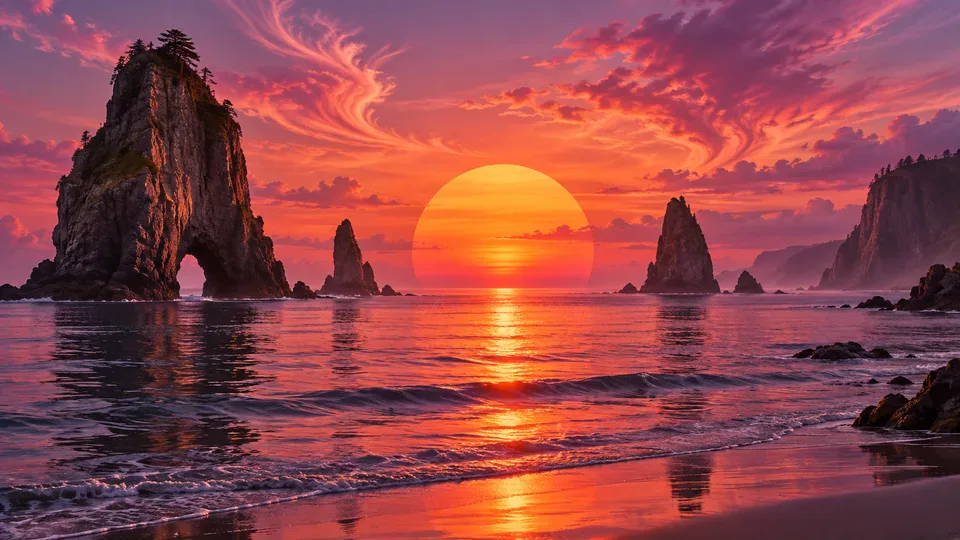 An amber sun above a surreal ocean and sculptural sea stacks.