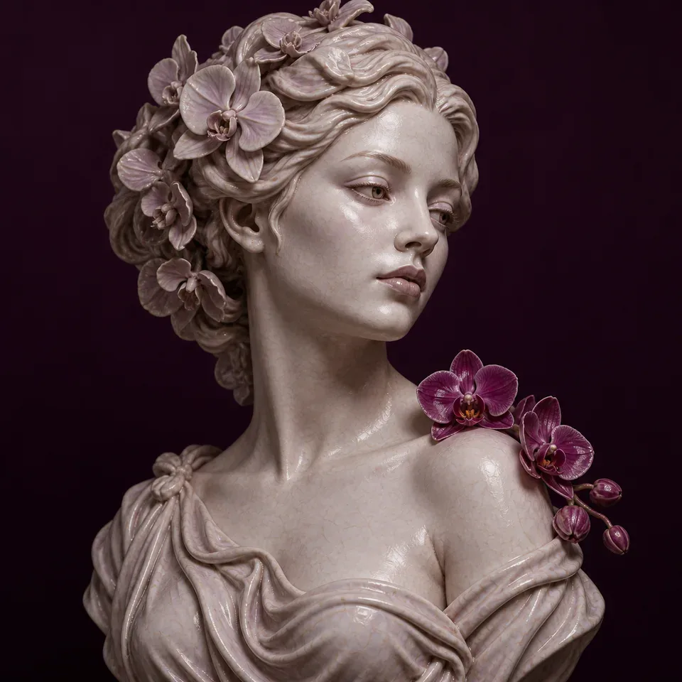 An orchid ceramic bust with delicate floral details.