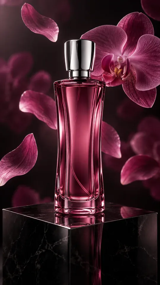 A rose-glass perfume bottle and floating orchid petals.