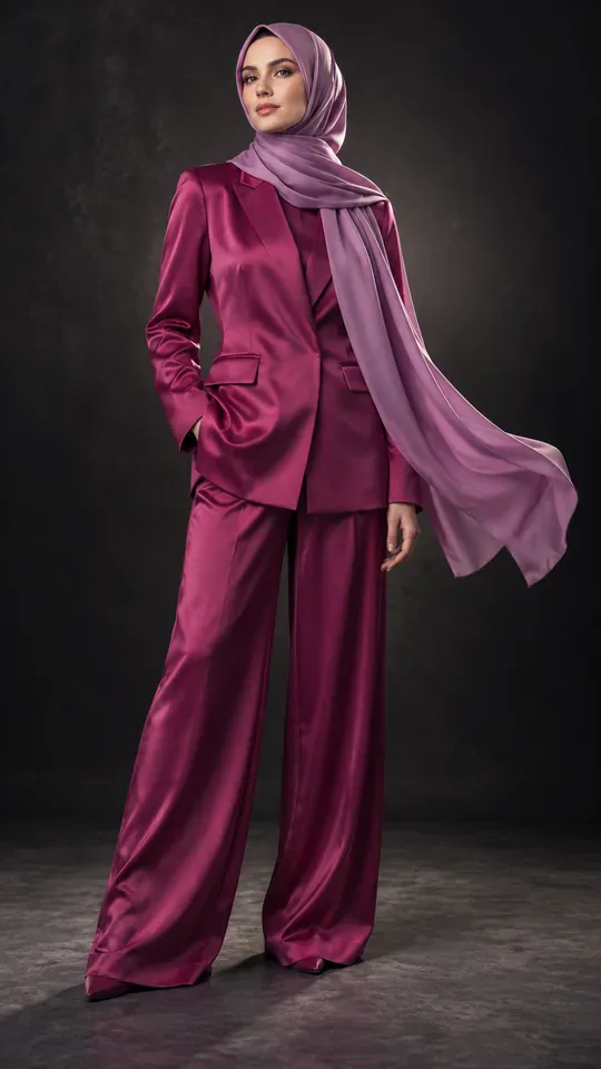 A fashion model in a magenta silk suit against a dark studio backdrop.