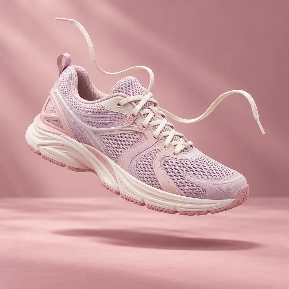 An orchid running shoe with floating cream laces.