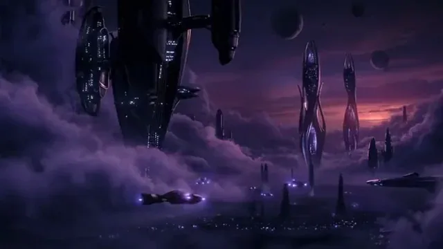 A spaceship over a violet science-fiction city.