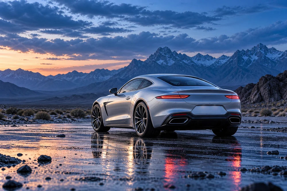 A silver sports coupe beneath a blue-hour desert sky.