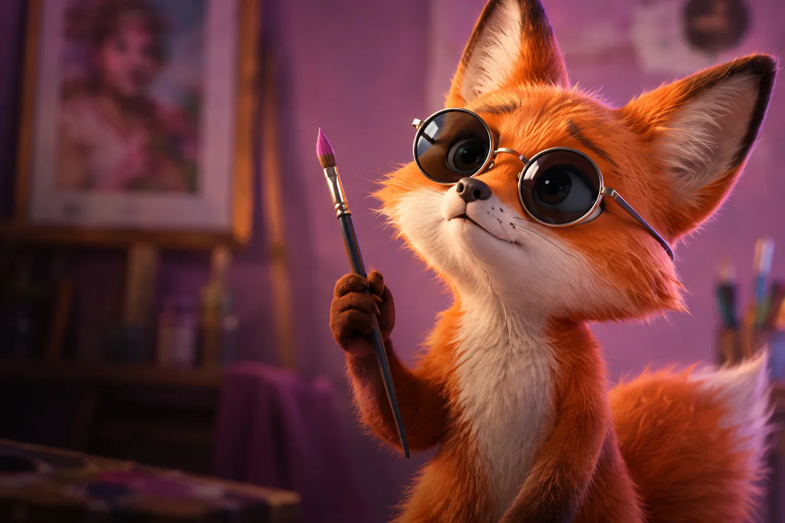 An animated orange fox with round glasses holds a paintbrush in a mauve studio.