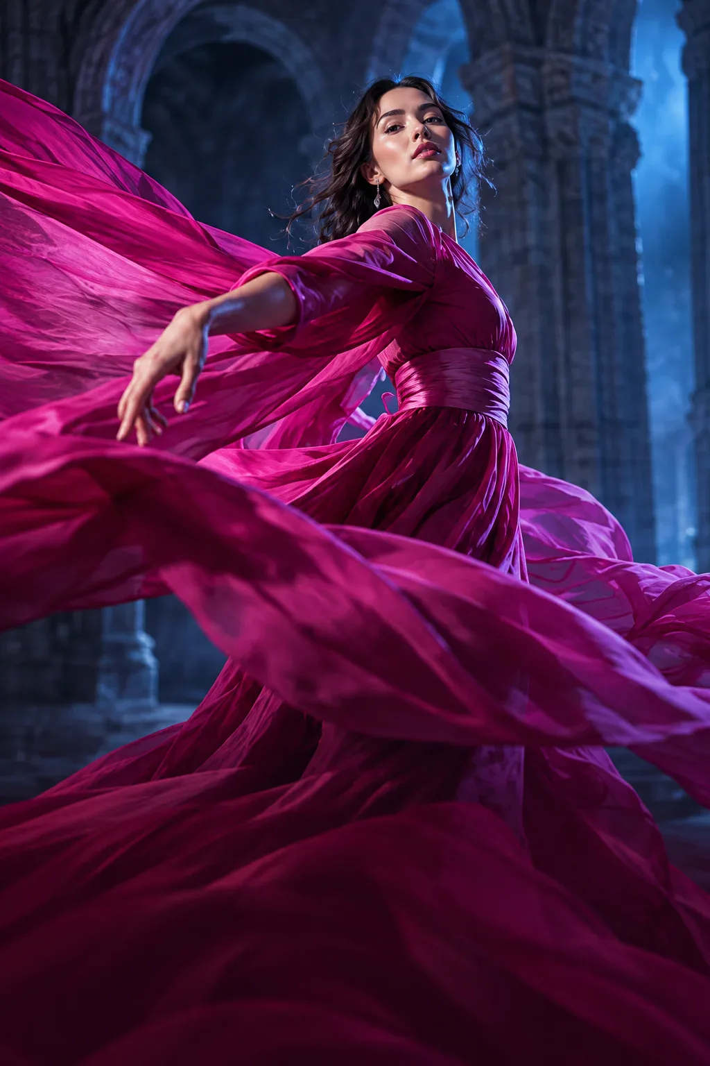 A dancer turns in flowing magenta silk against sapphire-lit architecture.