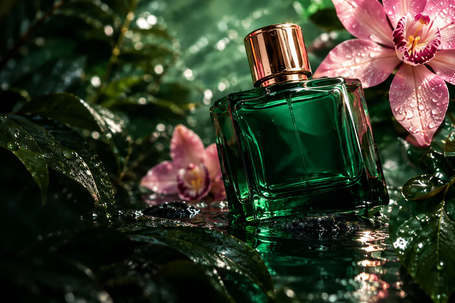 Emerald perfume glass and dewy pink orchids in an editorial product photograph.