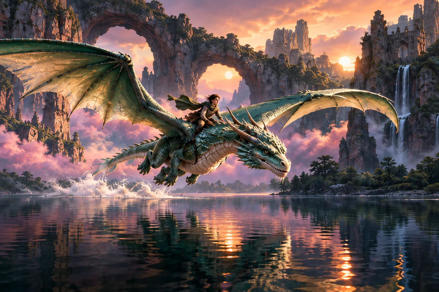 An emerald dragon and rider soar over a lake beneath amber-lit rock arches.