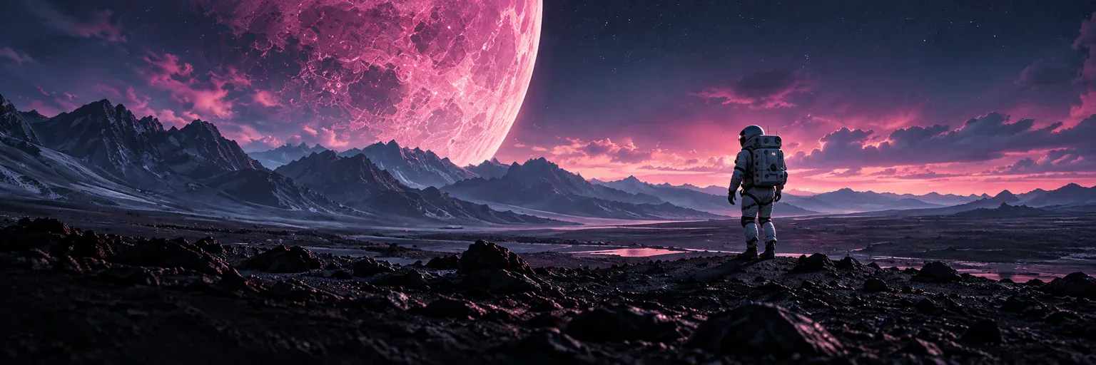 A lone astronaut stands on a volcanic ridge beneath an enormous magenta moon.