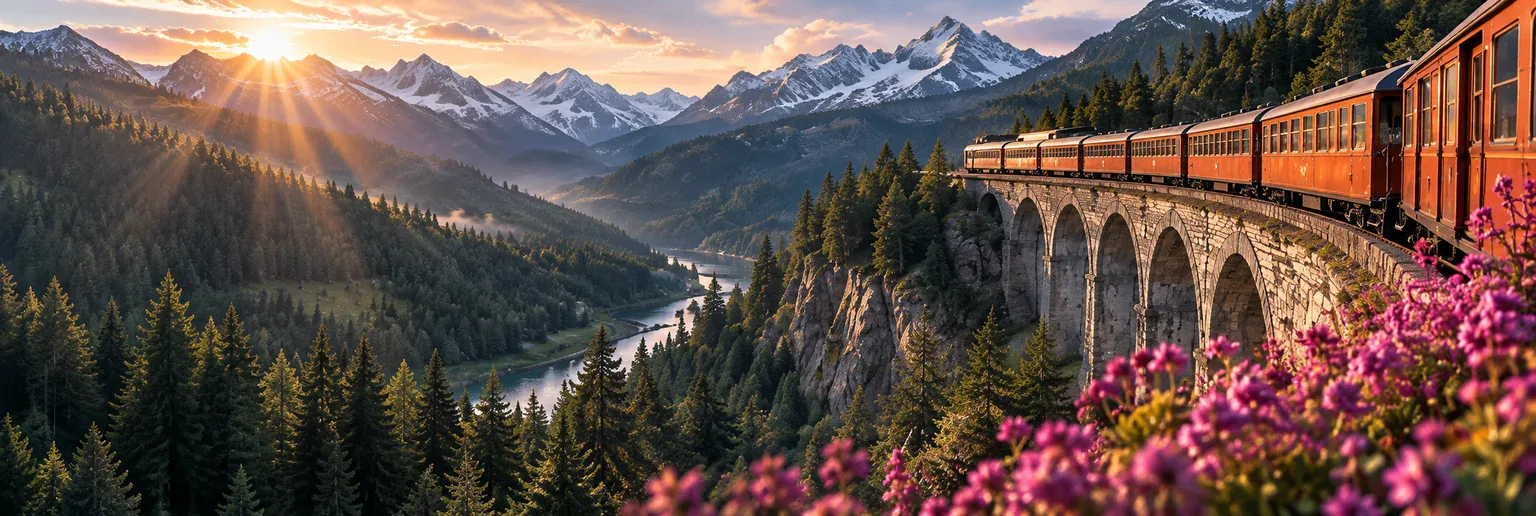 An amber train crosses an alpine viaduct above a green valley and magenta flowers.